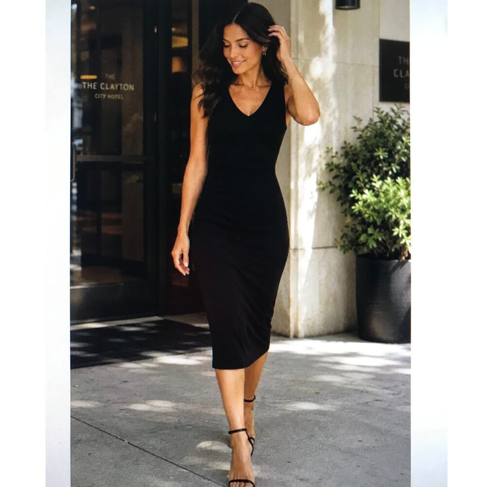 Honeylove Dress 1X Inner Power Sleeveless Midi Dress Black Rouching Shapewear